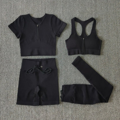 Seamless Women Yoga Set Workout Sportswear Gym Clothing Zipper Long Sleeve High Waist Leggings Fitness Bra Athletic Sports Suits