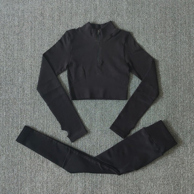 Seamless Women Yoga Set Workout Sportswear Gym Clothing Zipper Long Sleeve High Waist Leggings Fitness Bra Athletic Sports Suits