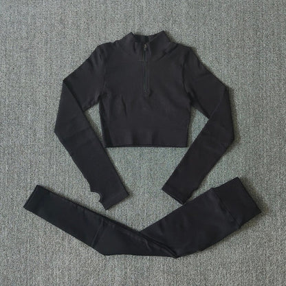 Seamless Women Yoga Set Workout Sportswear Gym Clothing Zipper Long Sleeve High Waist Leggings Fitness Bra Athletic Sports Suits